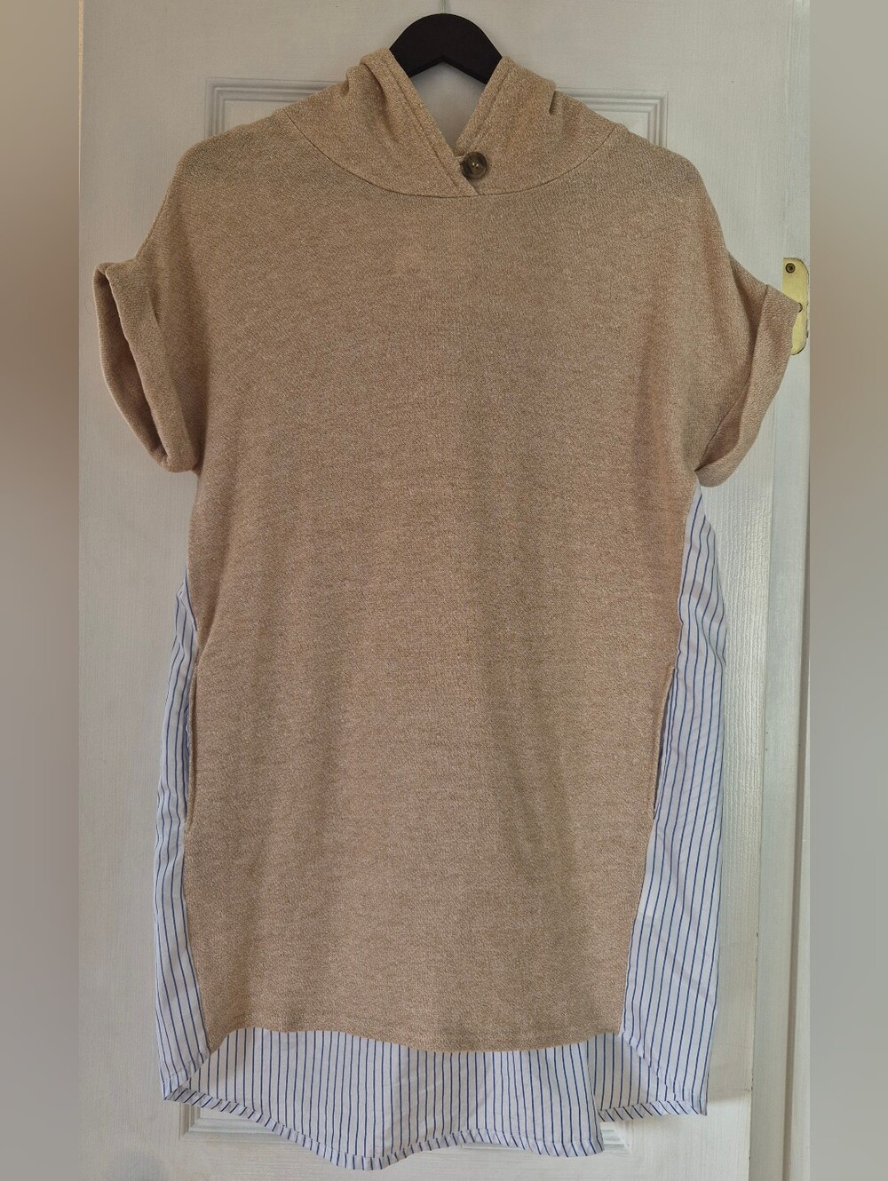 Korean Mixed Media Hooded Tunic Dress Beige Knit Blue Stripe Layered FIts M/S - Picture 2 of 11